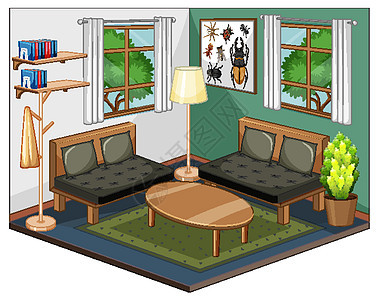 带家具的客厅内部住宅建筑设施房间绘画房子桌子建筑学卡通片地毯图片
