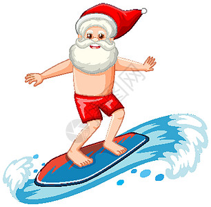圣诞老人冲浪在白色背景上的夏季主题展示惊喜季节微笑海滩卡通片派对眼睛卡片插图图片