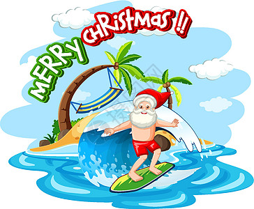 圣诞老人在沙滩上冲浪过夏日圣诞节卡通片基督框架季节派对场景行动海滩假期冲浪者图片
