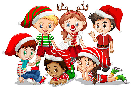 孩子们穿着白色背景的圣诞服装卡通人物假期小精灵驯鹿卡通片哺乳动物衣服喜悦娱乐动物乐趣图片