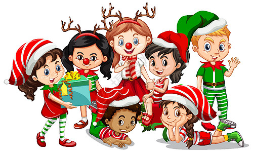 孩子们穿着白色背景的圣诞服装卡通人物假期帽子乐趣驯鹿享受衣服礼物快乐孩子庆典图片