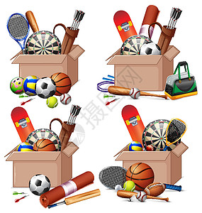 白色背景上装满运动器材的盒子插图排球烤架卡通片绘画活动棒球羽毛球篮球行动图片