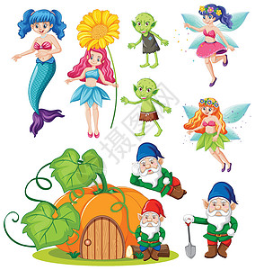 白色背景上的一组奇幻民间卡通人物庆典孩子插图童年植物南瓜风格花瓣童话花园图片