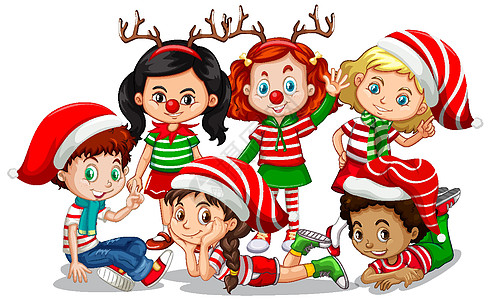 孩子们穿着白色背景的圣诞服装卡通人物庆典季节戏服气候角色插图帽子卡通片基督驯鹿图片