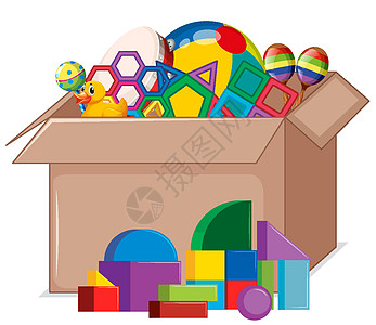 白色背景上装满玩具的纸板箱贮存青年孩子球形摇床乐器童年插图音乐积木图片