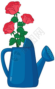 喷壶中的玫瑰在白色背景上的卡通风格图片