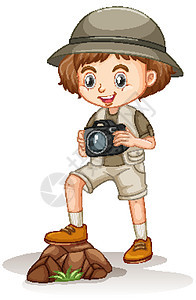 穿着狩猎服的女孩在白色背景上拿着相机图片