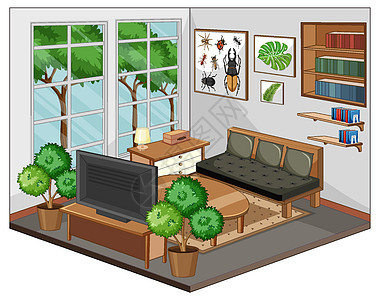 带家具的客厅内部建筑学电视设施窗户插图绘画住宅卡通片展示房子图片