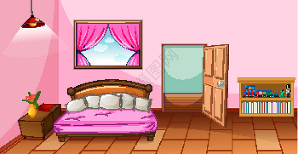 卧室内部配有粉红色的家具展示货架住宅阅读建筑学卡通片房间插图粉色沙发图片
