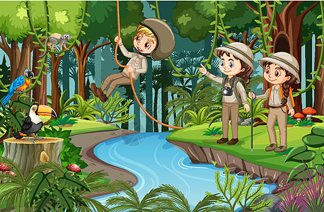 许多孩子做不同活动的森林场景女性插图娱乐女孩丛林冒险教育青年旅行风景图片