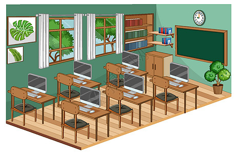 带绿色主题家具的教室内部图片