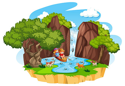 两个孩子在瀑布上划船 他们的宠物在白色背景上山顶犬类土地生活孩子们卡通片天气动物叶子生物图片