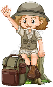 在白色背景上的 safari 装的女孩瞳孔微笑插图卡通片女性探险家冒险衣服旅行围巾图片