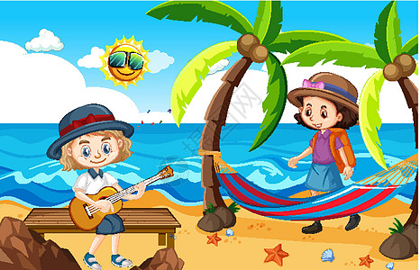 人们在海滩上玩乐的海洋场景男人环境风景乐器快乐假期青年插图女孩吊床图片