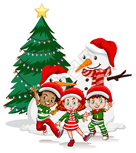 孩子们穿着圣诞服装卡通人物 白色背景上有雪人季节快乐动物衣服基督喜悦派对鼻子孩子卡通片图片