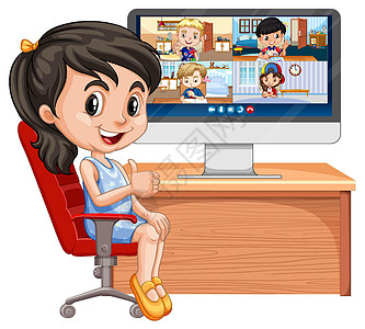 一个女孩在白色背景下与朋友进行视频会议男性女孩插图青年孩子电脑教育微笑朋友们技术图片