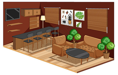 客厅内部配有棕色风格的家具卡通片房子沙发窗户建筑房间建筑学酒吧地毯插图图片