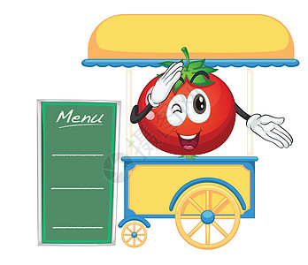 一个手推车摊位和一个番茄广告聊天木板食物阴影绿色红盖活动框架旅行图片