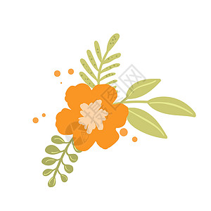 基于传统民间艺术装饰品的花粉集 孤立的橙色和绿色花朵 斯堪的纳维亚风格 瑞典挪威式 矢量插图 简单最小性元素玫瑰假期叶子绘画树叶图片