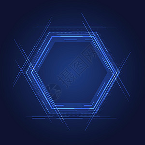 抽象技术概念蓝色六边形元素与发光蓝色背景上的线条图片