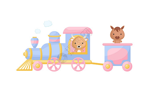 可爱的卡通蓝色火车与牦牛司机和马在白色背景的货车上 设计儿童书籍贺卡婴儿送礼会邀请墙装饰 矢量图图片