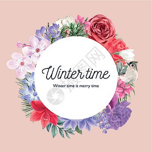 冬季绽放花环设计与各种花卉水彩插图图片