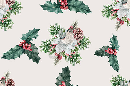 冬季绽放图案设计与水彩插图叶子松树红豆杉松果花瓣植物动物图片