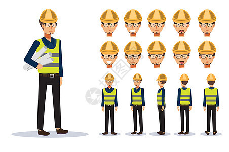 男工程师在各种风格 平面矢量字符它制作图案工业建设者工人男性安全帽子职业工作服插图工作图片