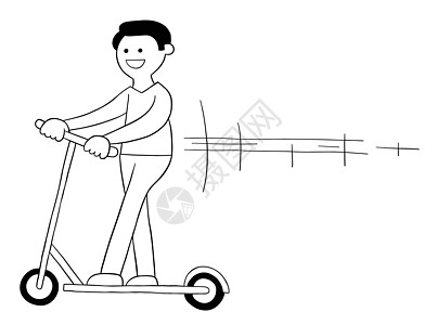 卡通人骑电动滑板车它制作图案绘画车轮运输男性车辆摩托车乐趣街道艺术生态图片