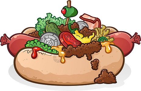 帕尼尼面包装满托普和调味品的豪华热狗卡通插图说明设计图片