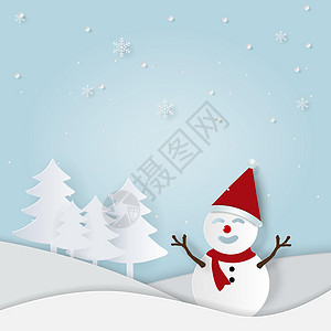 纸艺和工艺风格的插图雪人在松林中降雪欢迎冬季我爱冬天松树天气假期卡片雪花海报帽子蓝色男人森林图片