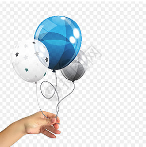 逼真的 3D 自然主义手拿着一组在透明背景上隔离的彩色光泽氦气球 一套银色蓝色白色带五彩纸屑气球 适合生日周年庆典派对装饰 它制图片