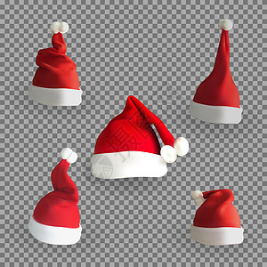 透明背景上的一组自然主义 3D 版圣诞老人帽子 它制作图案矢量毛皮衣服卡通片季节性传统戏服季节红色插图派对图片