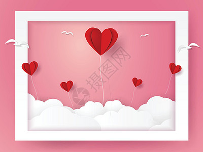情人节爱心气球和飞出框架纸艺术风格的鸟的插图图片