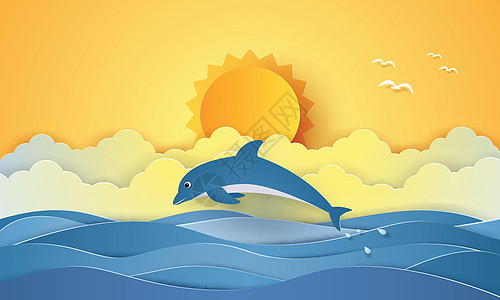 有海豚和太阳纸艺术风格的夏时海图片