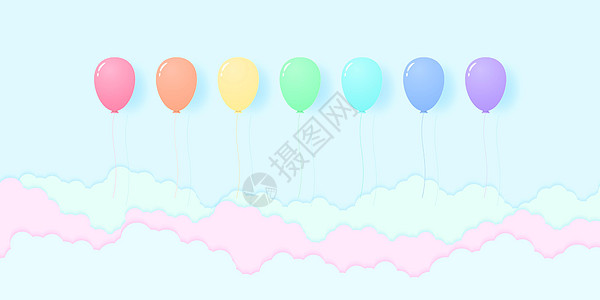 五颜六色的粉彩气球在天空中飞翔彩虹色图案纸艺styl旅行乐趣团体橙子卡片艺术蓝色庆典云景折叠图片