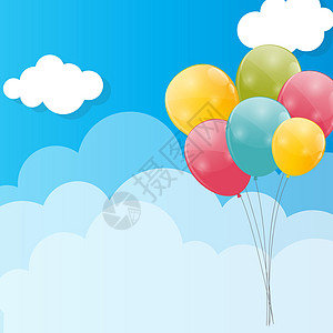 彩色光泽气球蓝天背景矢量图墙纸团体空气插图节日假期横幅反射飞行艺术图片