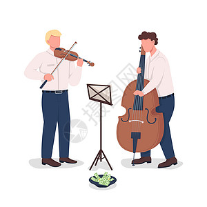 小提琴手和大提琴手演奏半平面彩色矢量字符图片