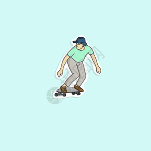 戴着帽子的男人骑着滑板 在蓝色背景插图 vecto 上被隔离图片