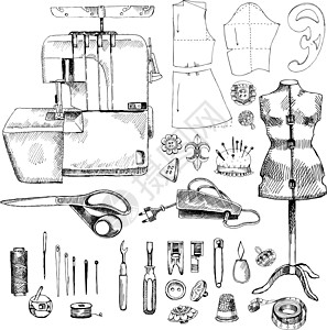 手绘素描缝纫机插图裁缝软垫穿线器按钮工具顶针工作艺术剪刀图片