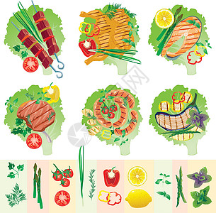 土豆串一套烤肉和蔬菜设计图片