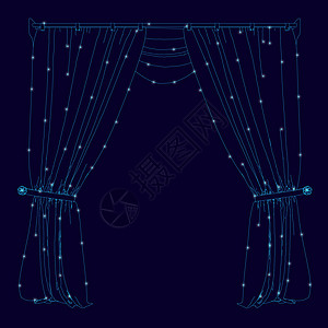 窗帘线框由蓝色线条制成 深色背景上带有发光灯 它制作图案矢量图片