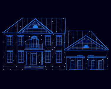 一栋两层楼房屋的线框 由蓝色线条构成 深色背景上带有发光灯 前视图矢量图图片