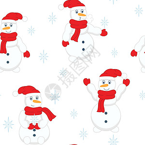 围巾 帽子和雪花无缝图案的雪人图片