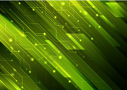 暗背景技术数字未来概念中的抽象绿色对角线条纹和电路图片