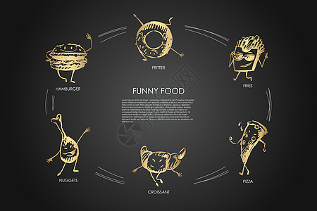 有趣的食物汉堡鸡块羊角面包比萨弗里特矢量概念 se团体芝士羊角小吃油条油炸汉堡饼子面包薯条图片