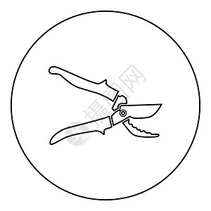 Secateur 花园修枝剪剪刀手剪刀手动切割图标圆圈黑色矢量插图固体轮廓样式 imag园丁圆形刀刃园艺刀具农业剪子工具工作修剪图片