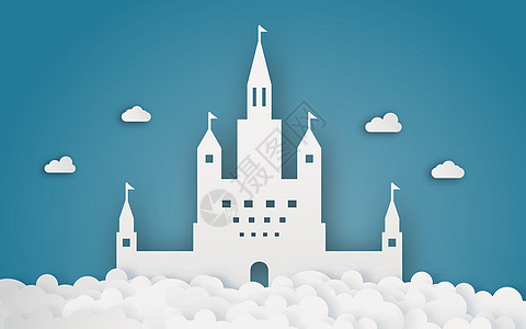 云层纸工艺的天空城堡 抽象和幻想主题背景 数字手工艺和折纸概念图片