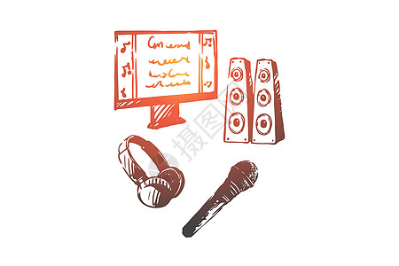 卡拉 OK 配件音乐麦克风耳机概念 手绘孤立的矢量工作室插图力量面试配饰收音机橙子质量技术立体声图片