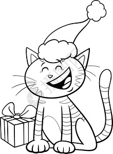 卡通猫在圣诞节时带着礼物着色书页图片